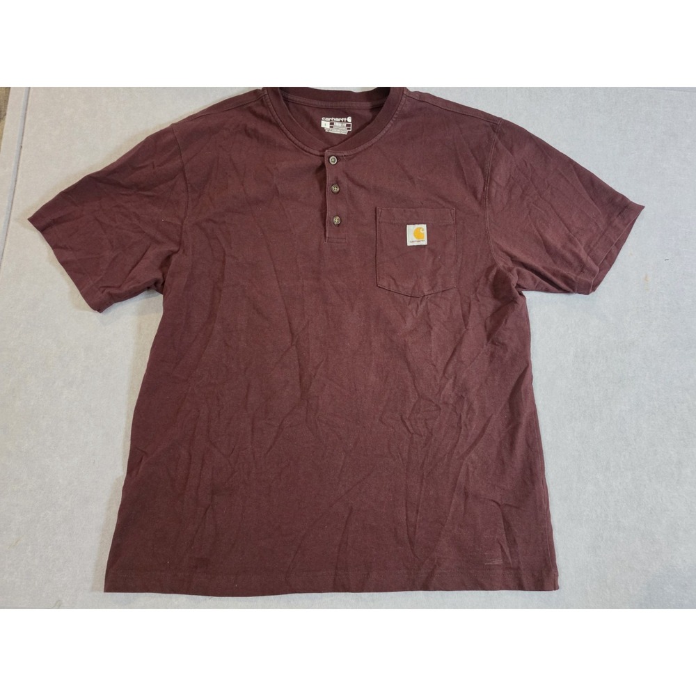 Mens Sz L Carhartt Red Burgundy Henley Shirt Long Sleeve Pocket 3-Button Cotton